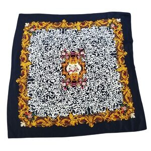 Luxury Baroque Floral Silk Scarf Navy Gold Statement‎ Accessory